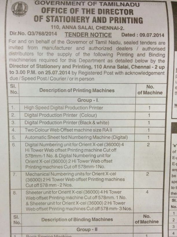 Government of Tamil Nadu invites tender for supply of printing and binding machines