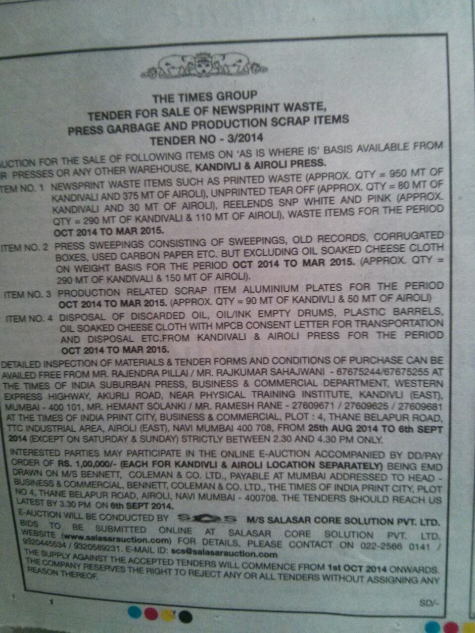 Times Group invites bids for newsprint waste