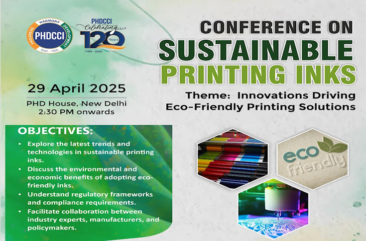 Industry conference on sustainable printing and eco-friendly inks featuring experts from government bodies, packaging companies, and ink manufacturers discussing environmental compliance, regulatory frameworks, and innovations in green printing technologies for export packaging markets