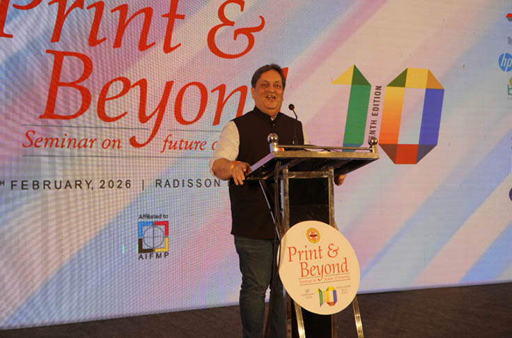 Mehul Desai speaking at Print & Beyond 2026 in Kochi, sharing industry experience and emphasising skill development, collaboration, and learning from business challenges in the printing sector