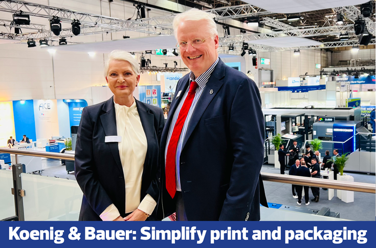 Interview at Drupa 2024 featuring Koenig & Bauer CEO Dr Andreas Plesske and VP of Digitalisation Sandra Wagner in conversation with PrintWeek’s Noel D’Cunha, discussing trends, technology innovations, and the future of print and packaging industry