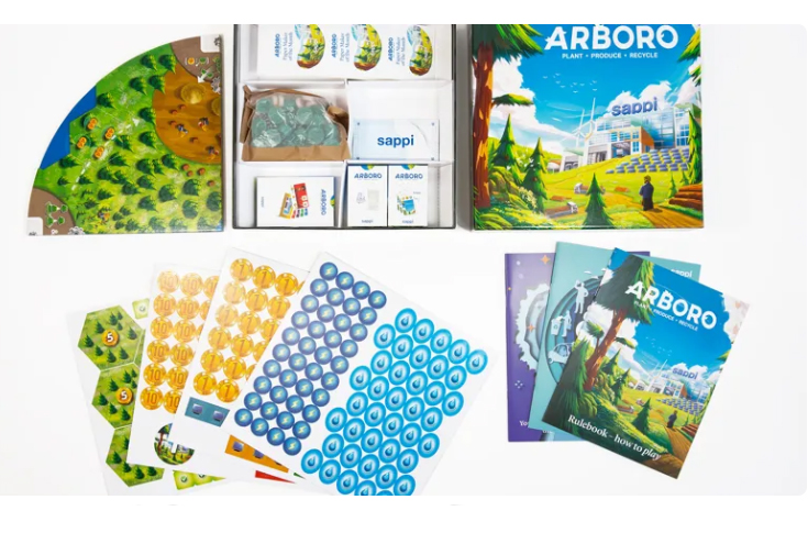 Arboro board game by Sappi Europe featuring FSC-certified paper components, designed with Jules Dubost artwork, showcasing sustainable papermaking gameplay elements