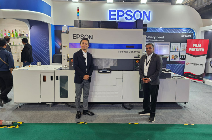 Epson SurePress L-6534VW UV digital label press with PrecisionCore linehead technology, LED UV curing, and high-speed inkjet printing for premium label production