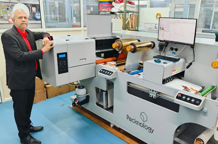 Integrated digital label printing system (PRPC 330) in a print production facility, enabling roll-to-roll label manufacturing with white, CMYK, varnish, foil, and digital cutting in a single automated workflow