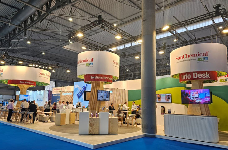 Sun Chemical booth displaying label and packaging inks including UV LED flexo inks, screen inks, coatings, digital inks, and colour management systems for sustainable and recyclable packaging solutions