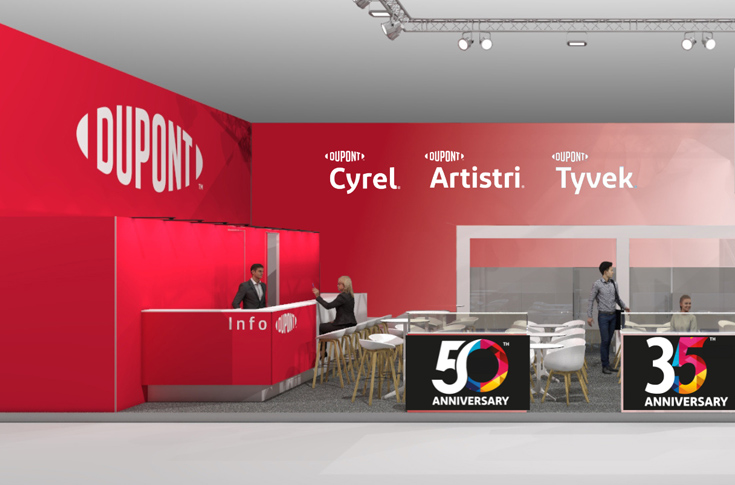 DuPont booth at Drupa 2024 featuring Cyrel flexographic platemaking systems, Artistri digital inkjet printing solutions, and Tyvek materials displayed for packaging and printing industry applications