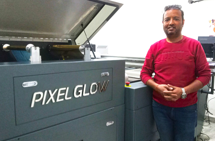 PixelGlow Radiant Pro digital UV and foiling system alongside Ricoh Pro C9500 press at Vanshika Creation facility enabling advanced print embellishment and commercial printing solutions
