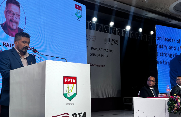 Rajesh Shah, managing director of Sasco, addressing 850 delegates at a centenary event, reflecting on the company’s 100-year history, evolution of India’s paper industry, distribution challenges, and the shift toward digital and internet-based business models