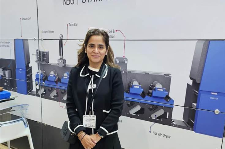 Taruna Garg, COO of NBG Printographic, discussing Starflex narrow and mid-web flexo printing presses at Labelexpo Europe 2025, highlighting innovation, global market expansion, and sustainable solutions for the label and packaging industry
