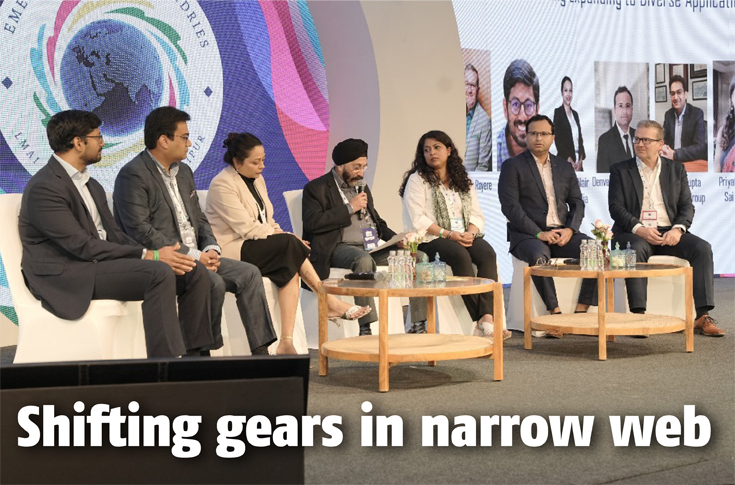 Panel discussion at LMAI Conference 2025 featuring industry experts debating narrow web printing trends, sustainability, digitalisation, and the role of Gen Z in the label industry