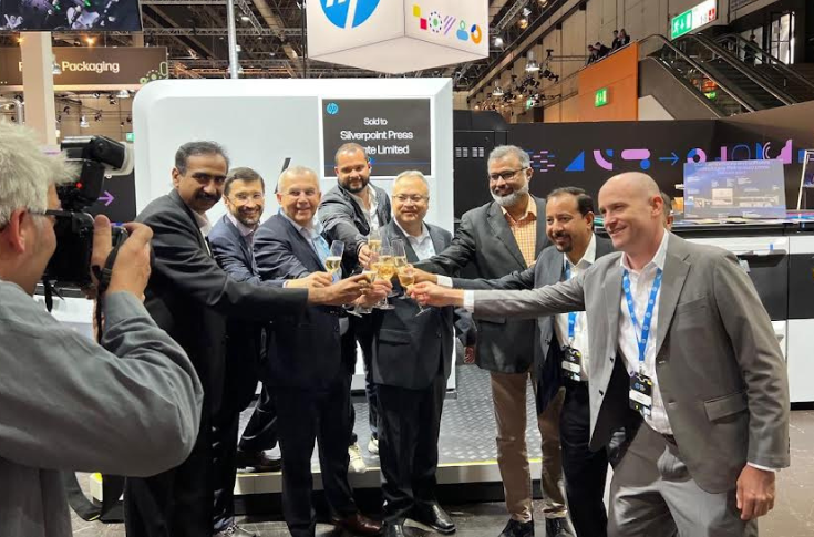 HP Indigo 120K digital printing press in operation at Silverpoint facility, showcasing high-speed short-run commercial printing with offset-quality output, automation, and advanced eco-efficient digital production technology