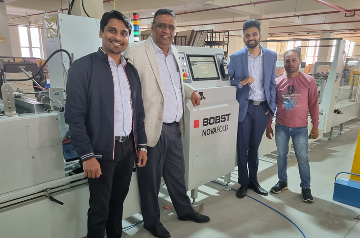 Manik Mittal with the newly installed Bobst Novafold 110 A2 folder-gluer at the Haryana packaging plant, showcasing advanced carton folding, gluing, and corrugation capabilities