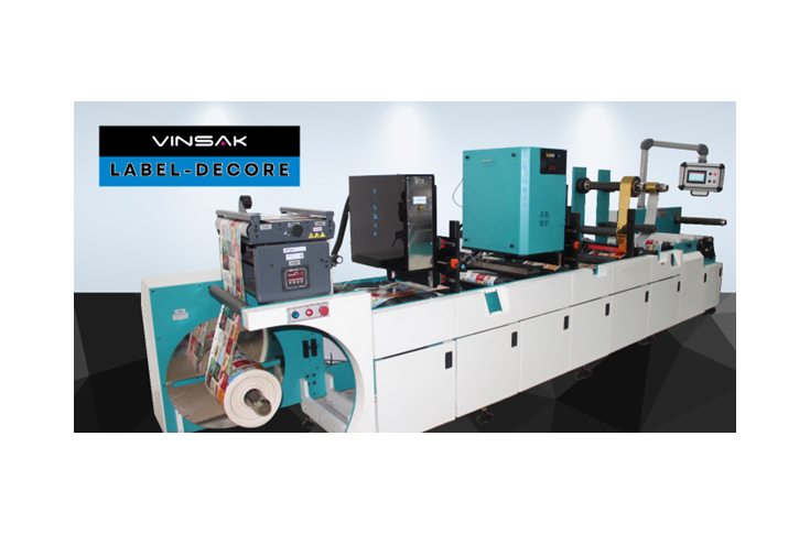 Vinsak presenting Label-Decore modular label embellishment system and ABG Digicon Lite digital finishing machine, demonstrating embossing, foiling, and variable data printing for high-quality label production at industry exhibition booth