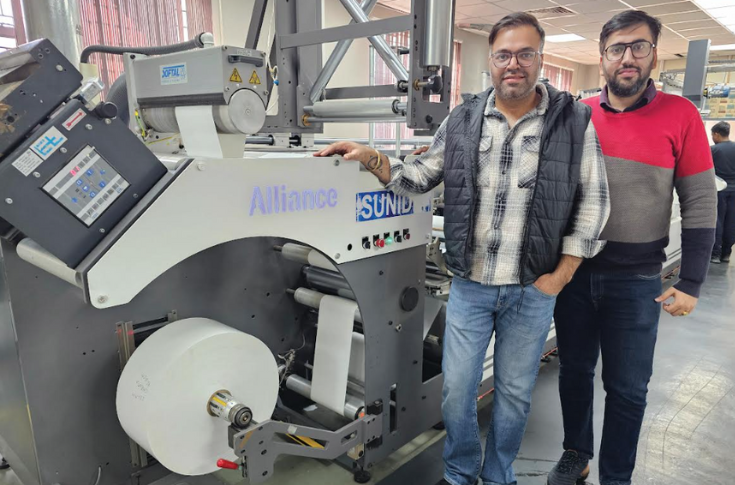 Flexographic printing setup at Toph Packaging in Haridwar featuring the Nova A5 press by Alliance, showing multicolour narrow-web printing for pharma and cosmetic labels