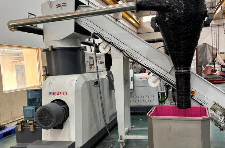 UFlex sustainable packaging and recycling innovations displayed at GCPRS 2025, featuring recycled PET food-grade films and ReLAM 50 system for converting flexible plastic waste into reusable granules