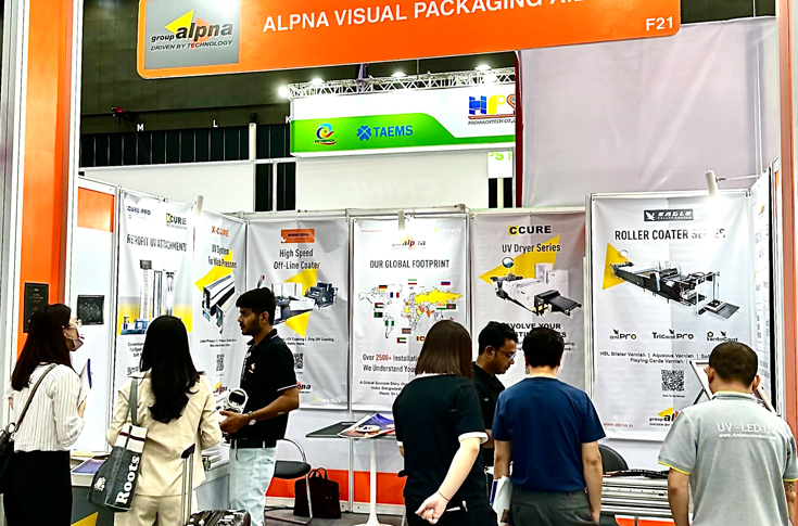 Alpna Visual Packaging Aids showcasing UV, LED and cold foil curing solutions for offset and narrow-web printing presses, highlighting global expansion into Southeast Asia, Europe, USA and Latin America packaging markets