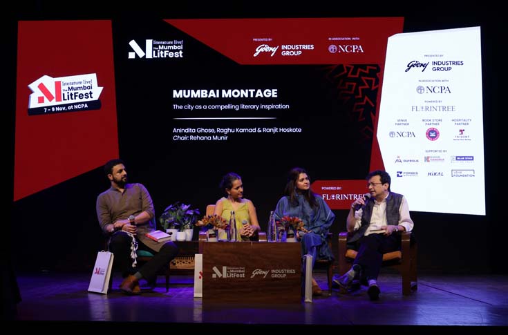 Crowded Literature Live! Mumbai LitFest venue at NCPA Nariman Point, featuring book discussions, author sessions, workshops, and cultural performances with large audience participation