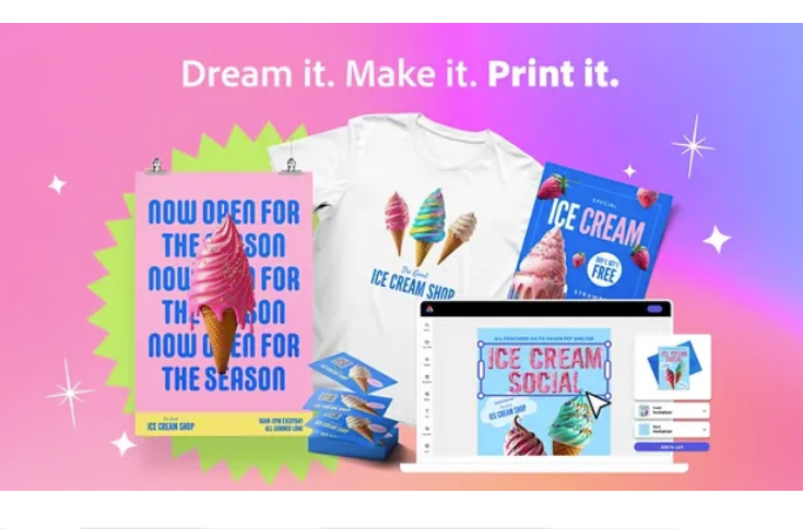 Adobe Express open ecosystem print platform enabling print-on-demand services through partners like Zazzle, Pixels.com, and Silicon Publishing for cards, gifts, apparel, and custom print products globally