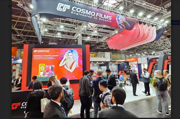 Cosmo Films presenting Thermal Lamination Films, Cosmo Synthetic Paper, and Sunshield window films for packaging, printing, and automotive applications at Drupa 2024