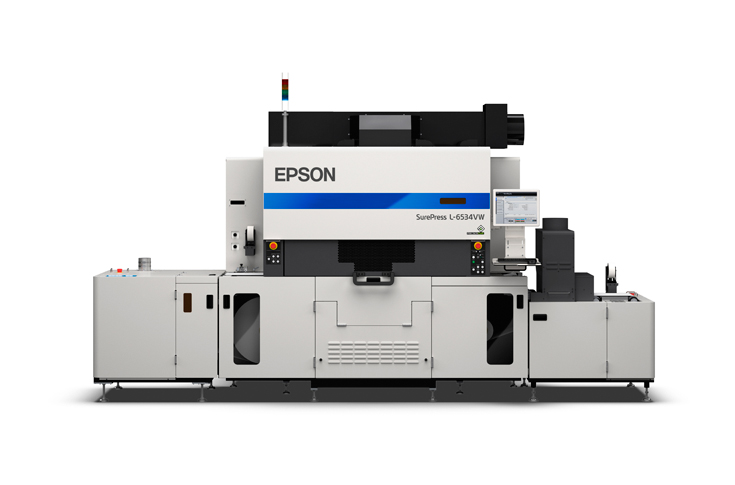 Epson SurePress L6534VW UV digital label press with PrecisionCore printhead, white ink, inline varnish, and high-resolution 600x1200 dpi printing for premium label production at Labelexpo