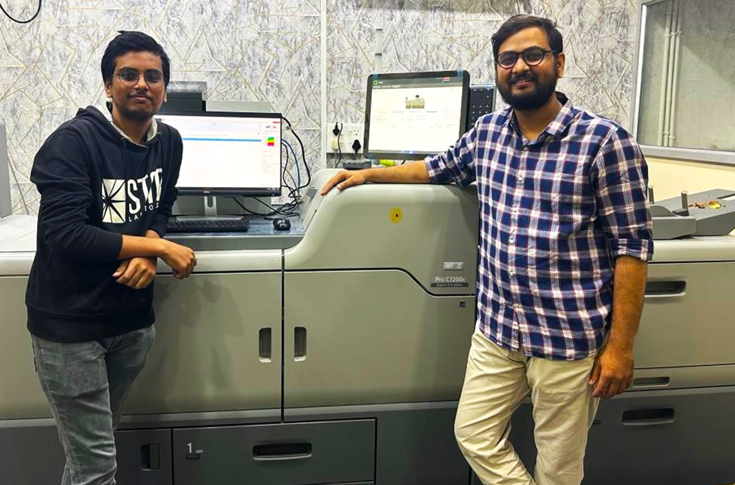 Nirmala Cards & Stationery production facility in Vijayawada using Ricoh Pro C7200x digital press for luxury wedding card printing with specialty colours, metallic effects, and high-resolution output alongside Ricoh Pro 8300s monochrome press