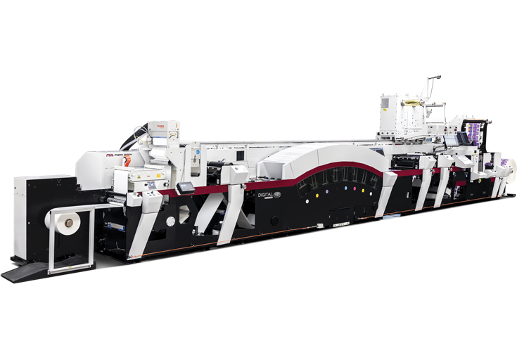 Mark Andy DSHD HighSpeed 1200 hybrid digital flexo press operating at high speed with servo-driven platform and digital print engine, showcasing multi-colour label printing at 1200-dpi resolution