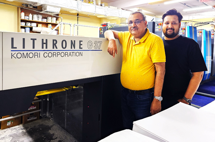 Paras Printers production facility in Delhi operating Komori Lithrone G37 offset printing press for short-run stationery, books, and commercial printing alongside integrated pre-press and post-press equipment