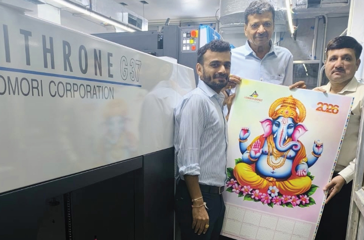 Adinath Offset production facility in Surendranagar, Gujarat featuring the newly installed Komori Lithrone GL437 offset printing press, used for high-quality pharmaceutical, personal care, and retail packaging printing, showcasing advanced press operations and upgraded printing capabilities