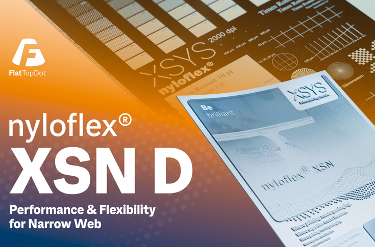 XSYS Nyloflex XSN flexographic printing plate with flat-top dot structure and CleanRelease technology used in narrow web label printing to improve print quality, reduce ink buildup, and enhance production efficiency