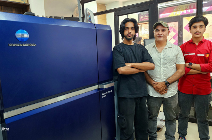 Sweedan Art Press production facility using Konica Minolta AccurioPress C12000 digital printing system for high-quality commercial prints including labels, tags, brochures, and corporate stationery applications