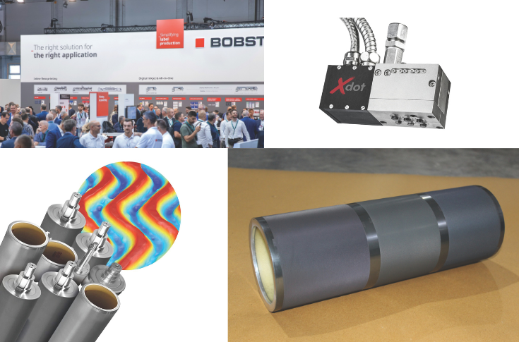 Exhibition display featuring Agergaard’s chamber doctor blade system and flexo module alongside Aluminium Feron’s synthetic label substrates for industrial and packaging use