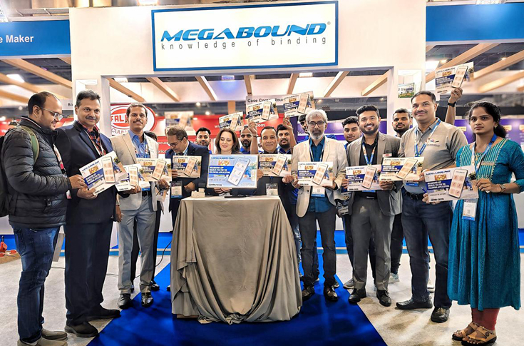 Ramesh Karuppathevar, technical director of Megabound, introducing the Megabound app designed to streamline product information, service requests, and order management for printing and binding customers at PrintPack 2025