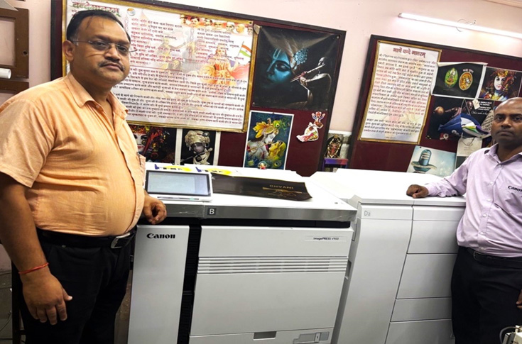 Commercial print production facility at Shyam Electrostat featuring Canon digital presses, producing brochures, catalogues, posters, and signage with integrated pre-press and post-press finishing operations