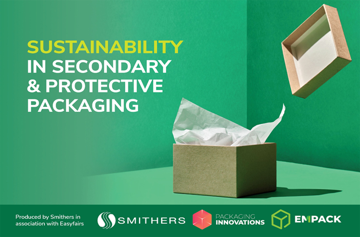 E-commerce warehouse packaging operations showing automated paper void-fill systems, corrugated boxes, and sustainable secondary packaging materials replacing plastic in fulfilment and logistics centres