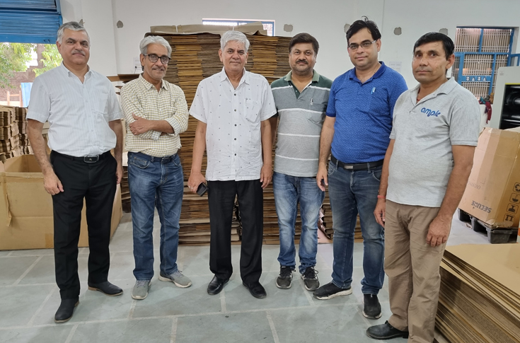 Corrugation packaging plant of Harsh Packaging featuring semi-automatic machinery for three- and five-ply sheet production, die-cutting equipment, and Heidelberg printing press used for mono carton and corrugated box manufacturing