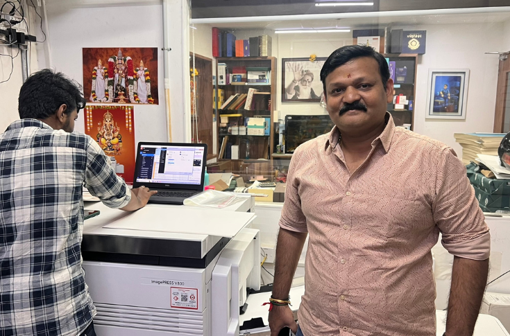 Commercial printing facility at Print & Design in Chennai featuring Canon digital press and Mitsubishi offset press, producing brochures, packaging, and leaflets with hybrid digital and offset workflows
