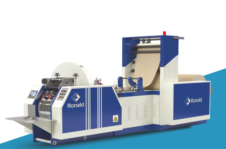 Ronald Web Offset paper bag-making machine producing V-bottom and square-bottom bags with inline printing and automated cutting, folding, and pasting