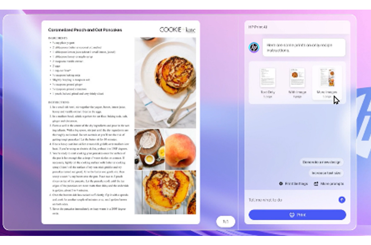 HP Print AI system demonstrating smart printing features like Perfect Output and Scan AI Enhanced, showing automated document formatting, intelligent content detection, and AI-driven printing workflow optimisation for home and commercial users