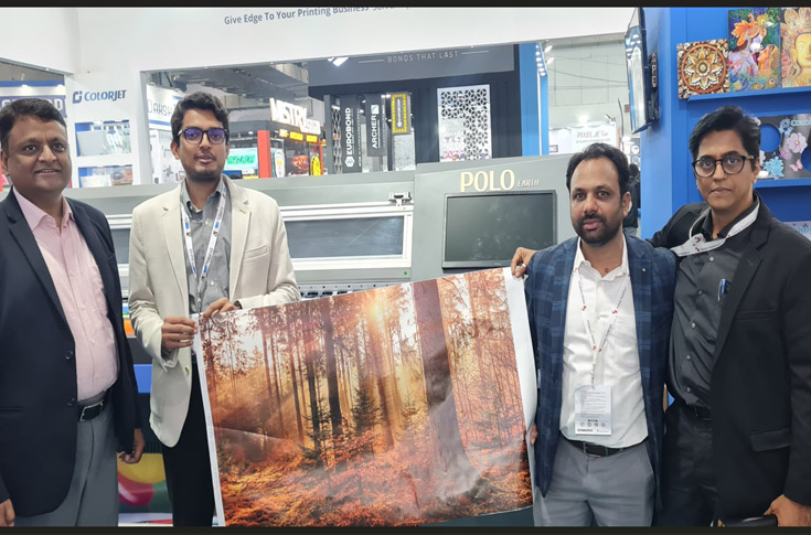 ColorJet display featuring sustainable polyethylene printing media and the Polo Earth eco-solvent large-format printer developed for high-speed, eco-friendly indoor and outdoor OOH printing applications