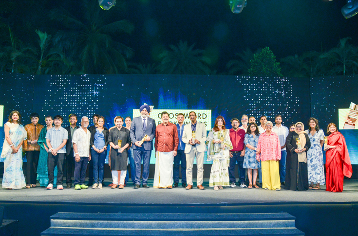 Crossword Book Awards ceremony featuring Indian authors, jury members, and literary personalities celebrating winners across multiple categories including fiction, non-fiction, translations, and children’s books, with Amitav Ghosh receiving Lifetime Achievement Award