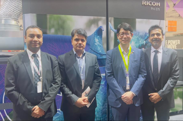 Ricoh Pro Z75 and Pro VC80000 digital inkjet presses displayed at Drupa exhibition, featuring water-based inkjet technology, AI-driven quality control, and high-speed commercial printing capabilities.