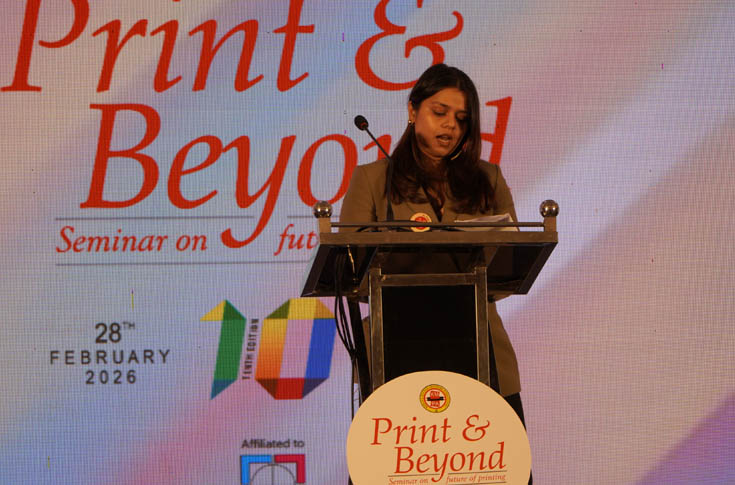 Preeti Mishra speaking at Print & Beyond 2026 about lessons from investment banking applied to printing and packaging, highlighting operational discipline, hidden costs, and profitability challenges at Holosafe Security Labels