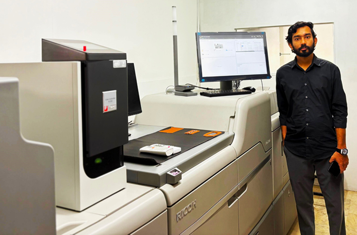 Ricoh Pro C7500 digital colour production press at Color Drop facility in Kannur producing vibrant prints for cards, brochures, books, and commercial printing applications