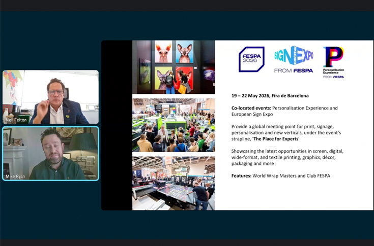 Fespa webinar showcasing upcoming 2026 Barcelona events, including Corrugated and Textile exhibitions, with industry leaders discussing print innovation and sustainability
