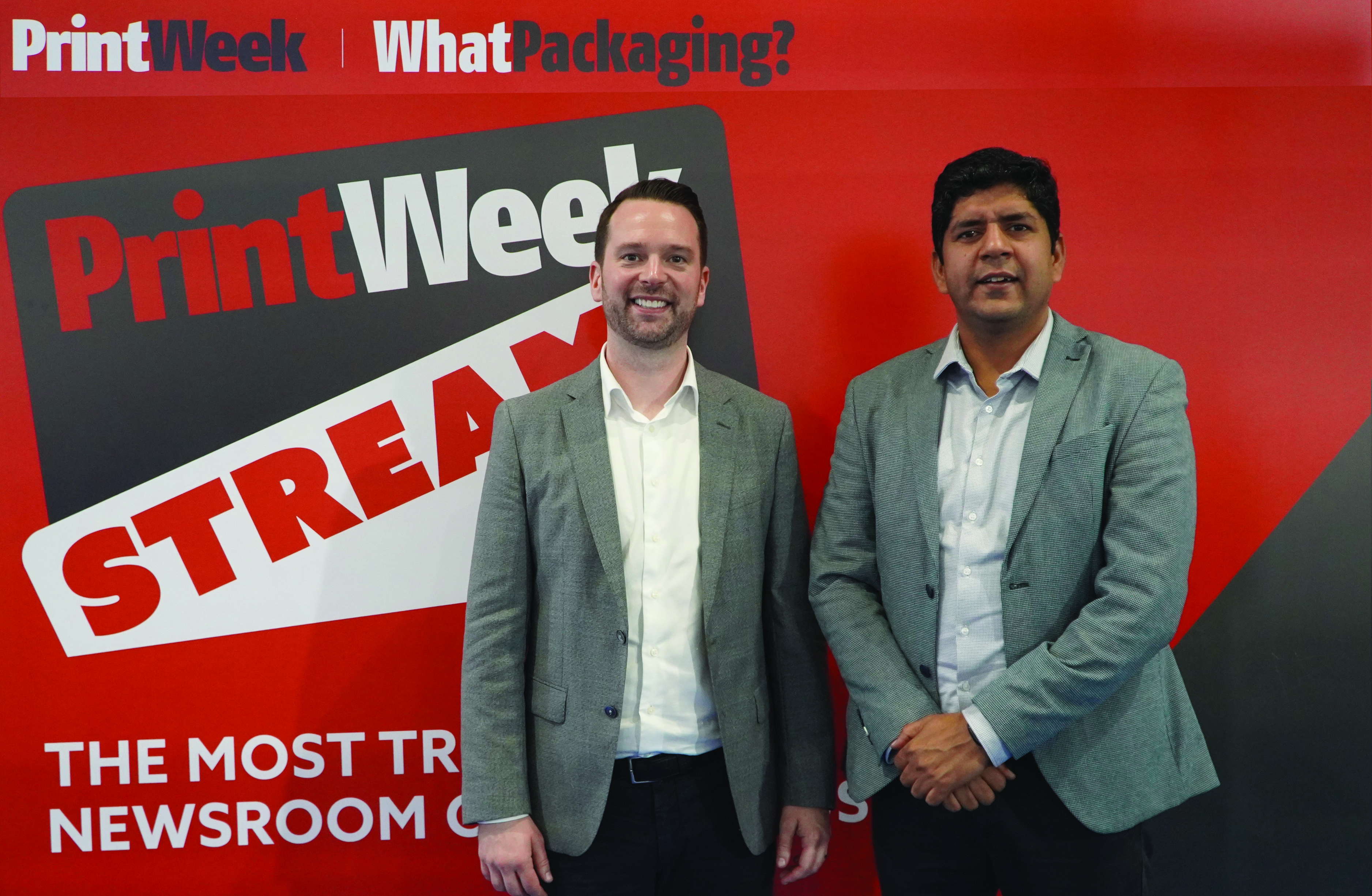 Andrew Galloway and Pradeep Saroha of Informa Markets at an industry event, discussing the rebranding of Labelexpo to Loupe and the shift towards broader packaging applications
