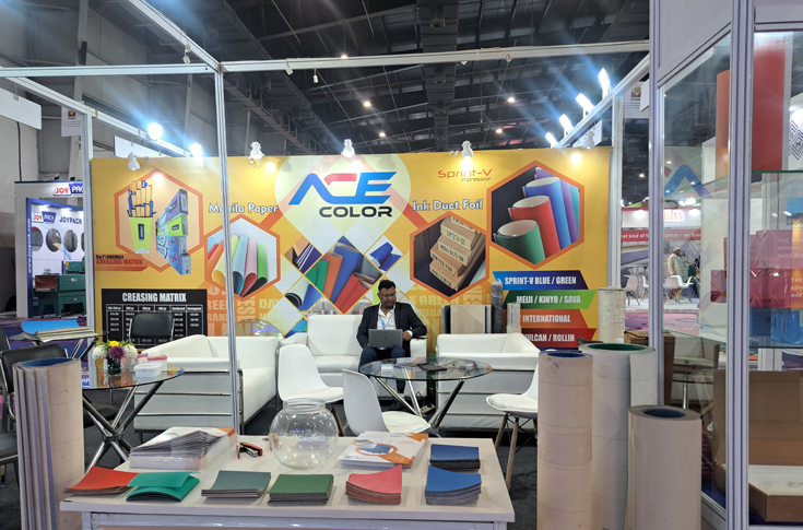 Ace Color showcasing printing consumables and pre-press materials such as CTP plates, CTcP plates, and aluminium bars at PrintPack 2025