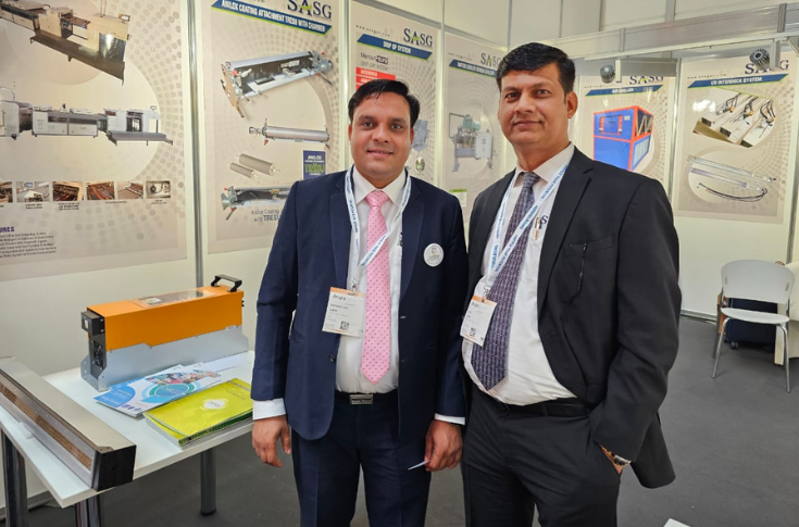 SASG UV Solutions display at Drupa 2024 featuring the HPE LED UV System, UV interdeck systems, anilox coater, UV lamps, and printing accessories for high-speed press applications