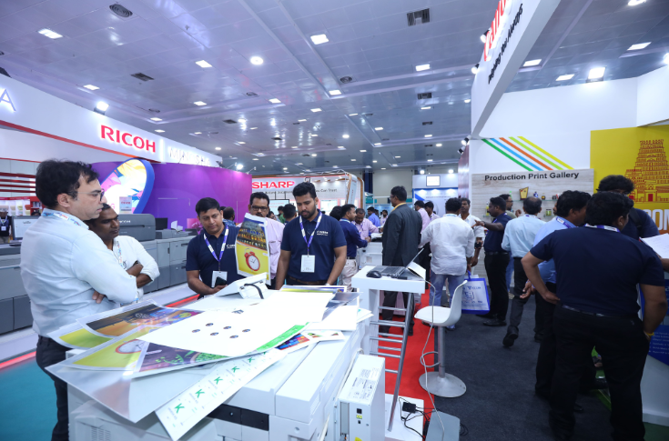 Print Expo and Media Expo Chennai 2025 exhibition hall showcasing printing machinery, digital signage systems, and branding solutions with multiple exhibitors and industry visitors exploring technologies