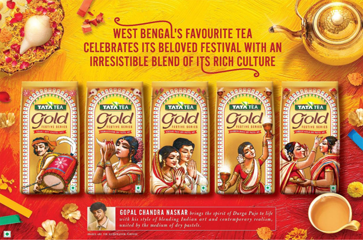 Tata Tea Gold limited-edition festive tea packs featuring Durga Puja-themed artwork by West Bengal artists in styles including acrylic, oil, watercolour, dry pastel, and digital art depicting cultural celebrations like dhaak, shankh, dhunuchi dance, and sindoor khela
