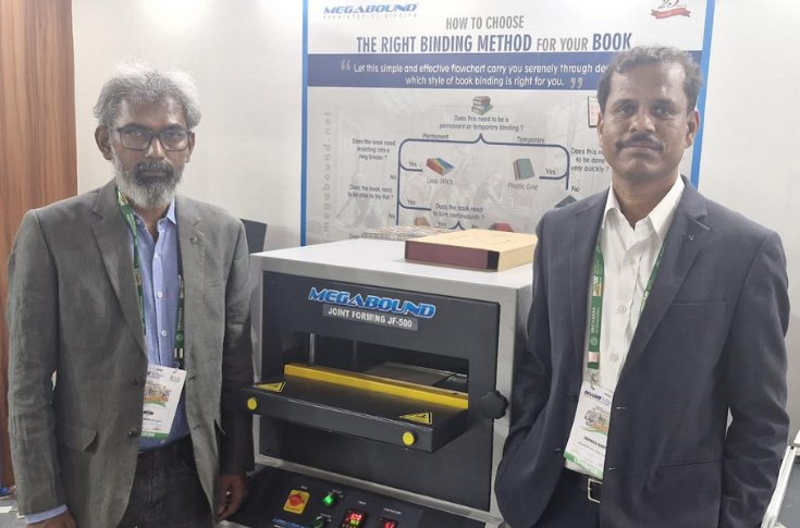 Megabound displaying digital case maker and rigid box making machines at Bharat Print Expo 2025, attracting strong interest from packaging and printing industry visitors